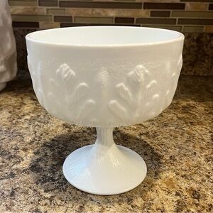 Vintage FTD Milk Glass Pedestal Bowl Planter Leaf Pattern 6”